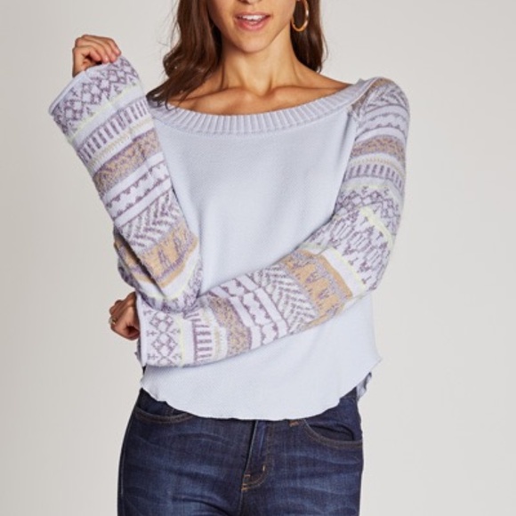 Free People Periwinkle Combo Fair Isle Thermal Long Sleeve T-Shirt | Side Medium - Picture 1 of 11